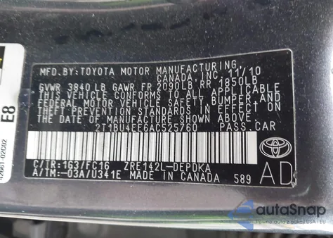 2010 Toyota Corolla Le z USA, uszkodzony, nr VIN 2T1BU4EE6AC525760